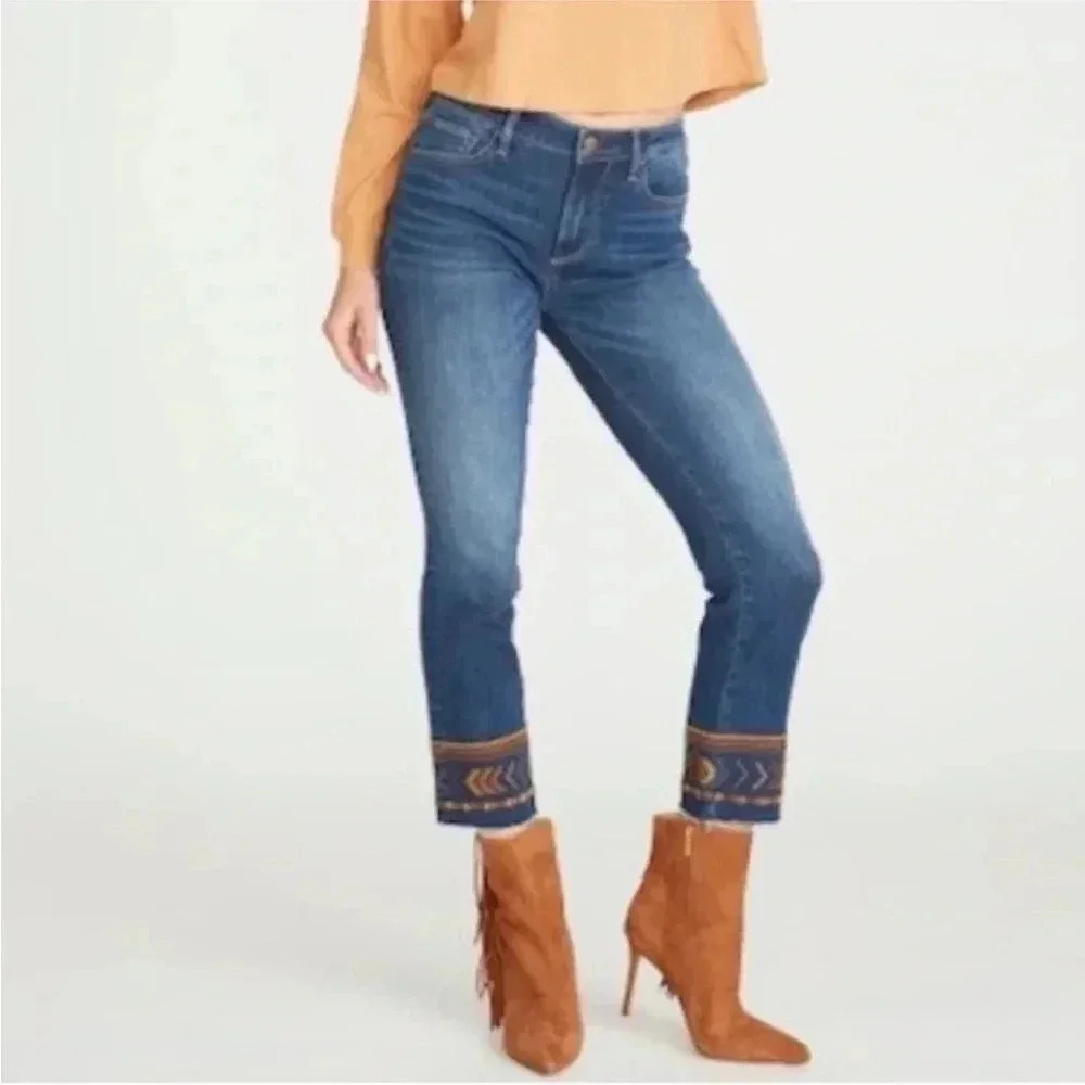 Driftwood Colette Embroidered Hem Boho Anthropologie Raw Hem Jeans Sz 28